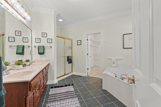 bathroom with crown molding, tile patterned floors, vanity, and separate shower and tub