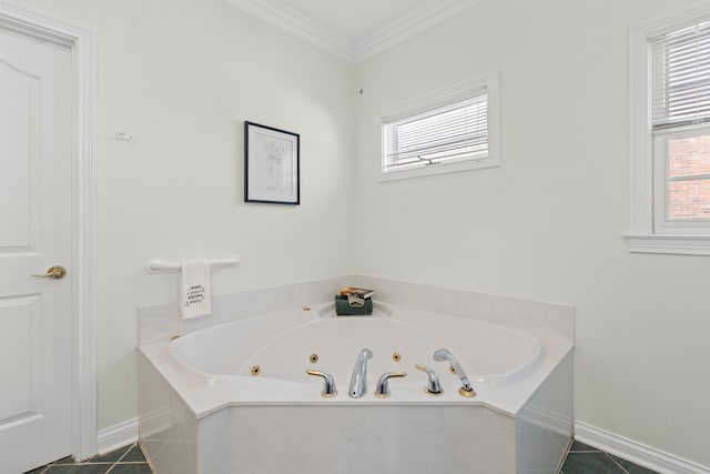 bathroom featuring tile patterned flooring, tiled tub, and ornamental molding