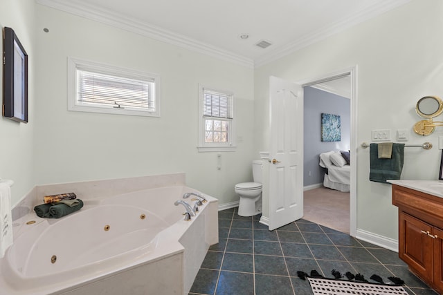 bathroom featuring a tub to relax in, tile patterned flooring, vanity, ornamental molding, and toilet