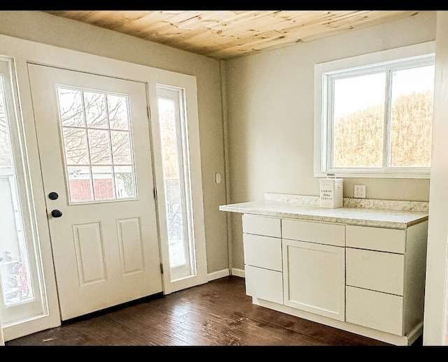 entryway with a healthy amount of sunlight, dark wood-type flooring, and wooden ceiling