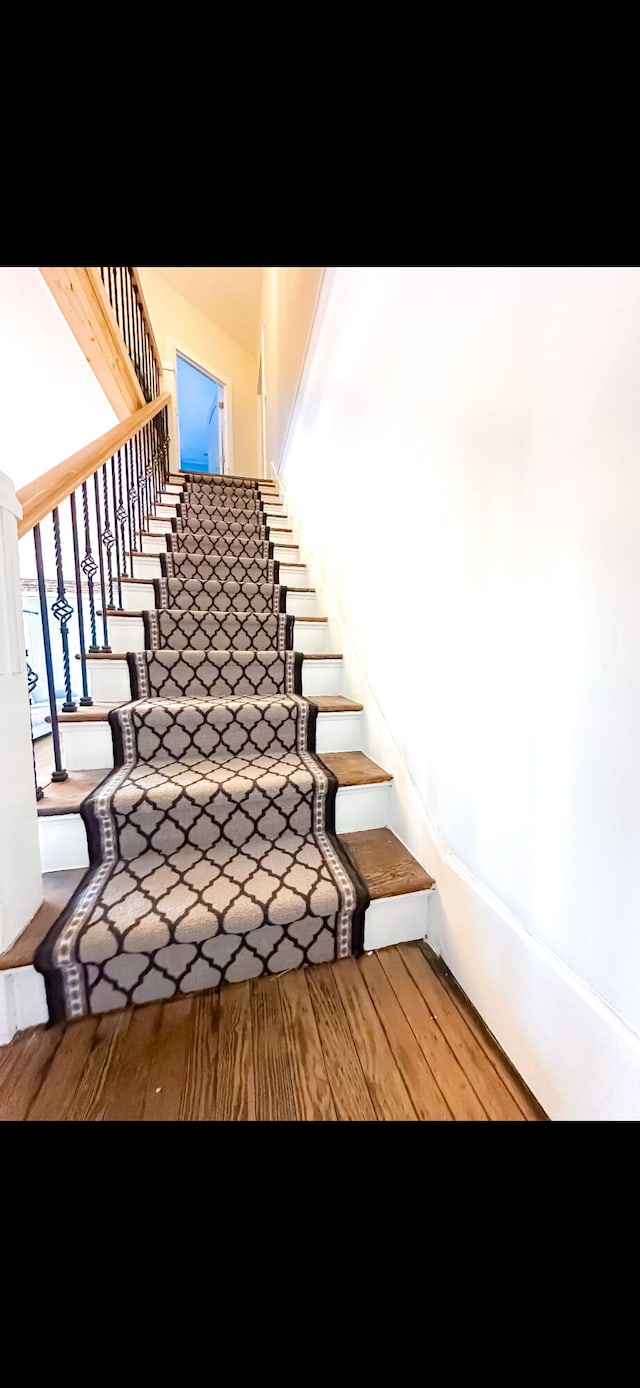 stairs with hardwood / wood-style flooring