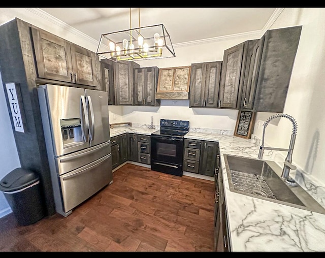 kitchen with dark wood-type flooring, sink, black electric range, stainless steel fridge, and dark brown cabinetry