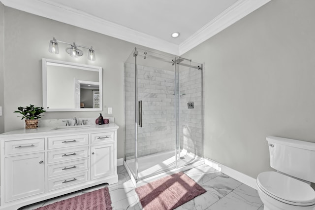 bathroom featuring vanity, toilet, a shower with shower door, and crown molding