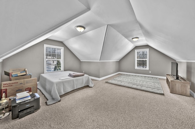 carpeted bedroom with vaulted ceiling