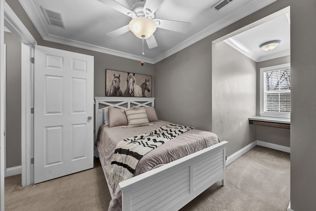 bedroom featuring ceiling fan, light colored carpet, and ornamental molding