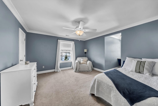 bedroom featuring ceiling fan, light carpet, and ornamental molding