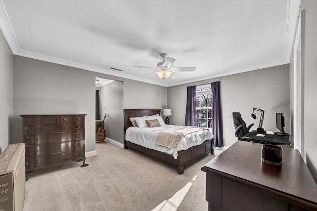 bedroom featuring ceiling fan, light colored carpet, and ornamental molding