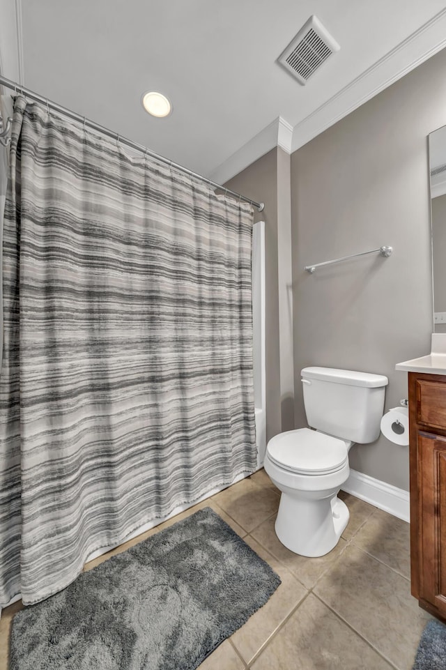 full bathroom featuring shower / bath combo, tile patterned floors, ornamental molding, vanity, and toilet