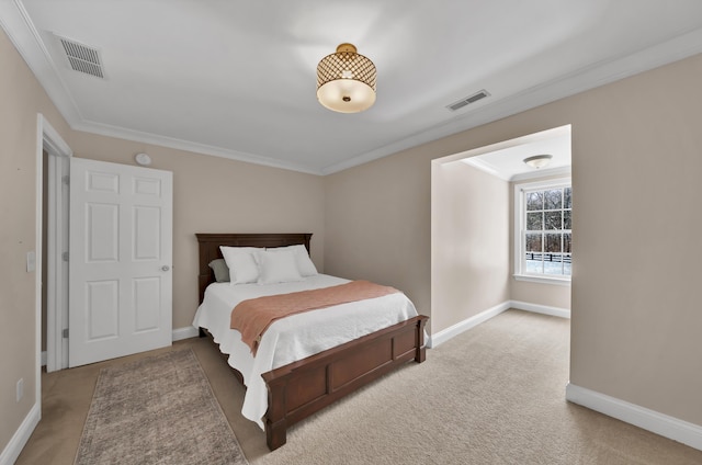 carpeted bedroom with crown molding