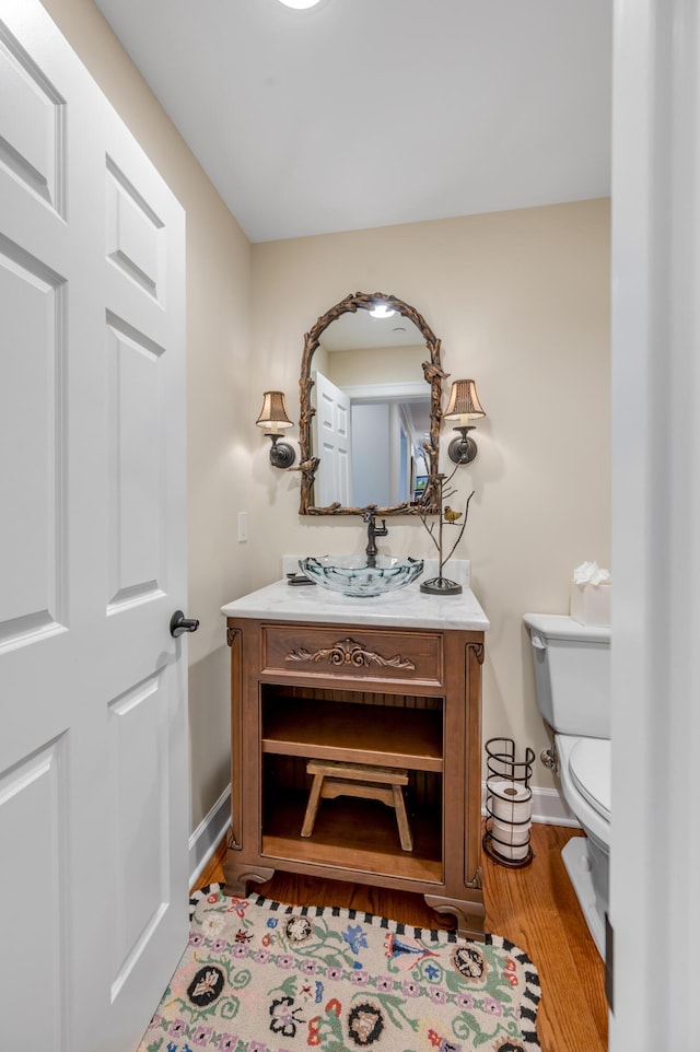 bathroom with vanity, toilet, and wood-type flooring