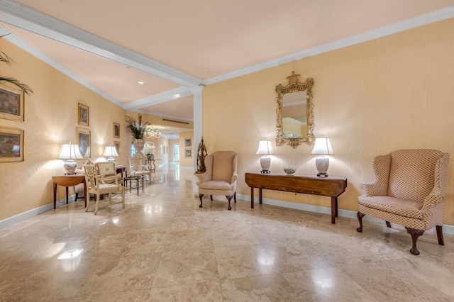 sitting room featuring beam ceiling and crown molding