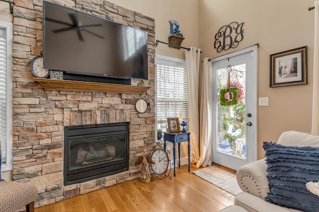 living room featuring a fireplace and light wood-type flooring