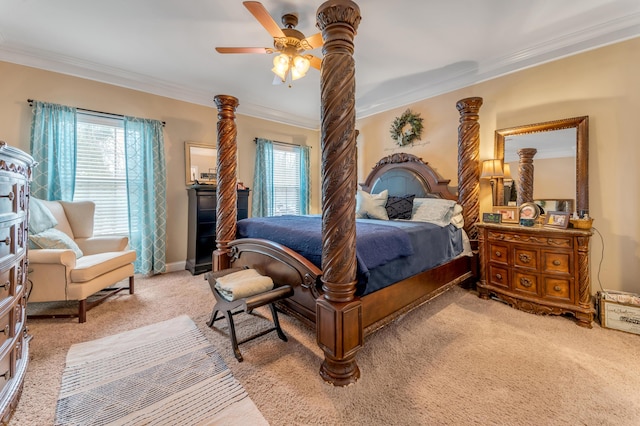 bedroom featuring ceiling fan, light carpet, and crown molding