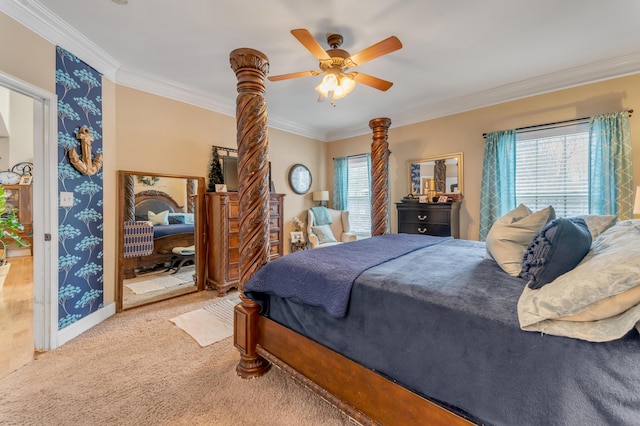 bedroom with ceiling fan, light colored carpet, and ornamental molding