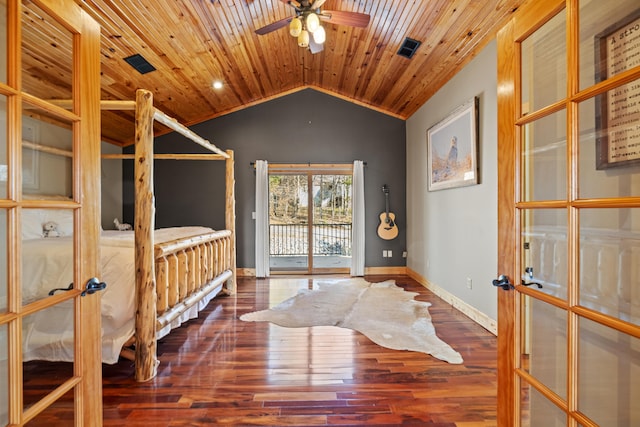 unfurnished bedroom featuring wooden ceiling, access to outside, vaulted ceiling, and dark hardwood / wood-style floors