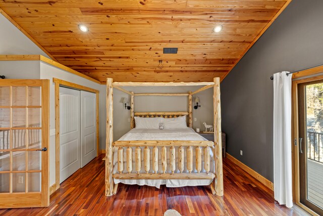 bedroom featuring wooden ceiling, lofted ceiling, ornamental molding, a closet, and dark hardwood / wood-style flooring