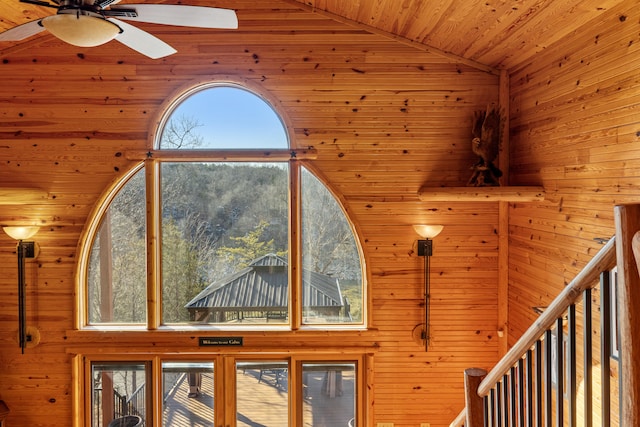 details with wood walls, ceiling fan, and wood ceiling