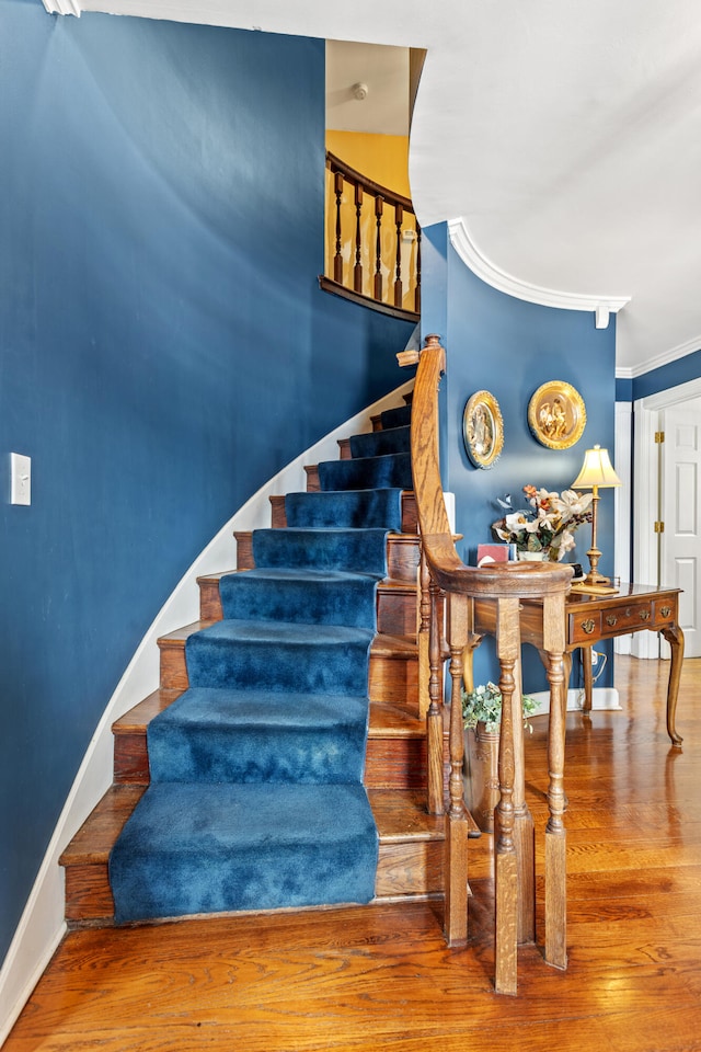 staircase featuring crown molding and hardwood / wood-style floors