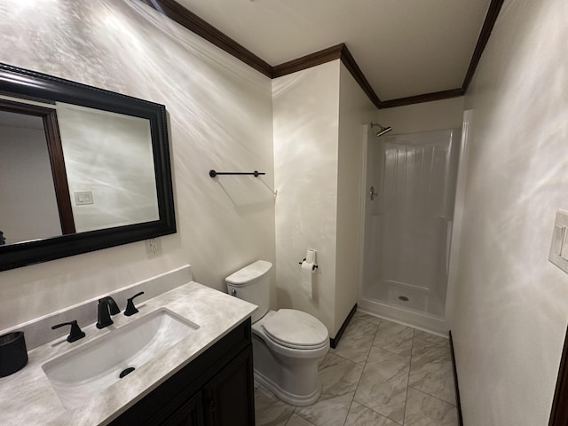 bathroom with toilet, a shower, ornamental molding, and vanity