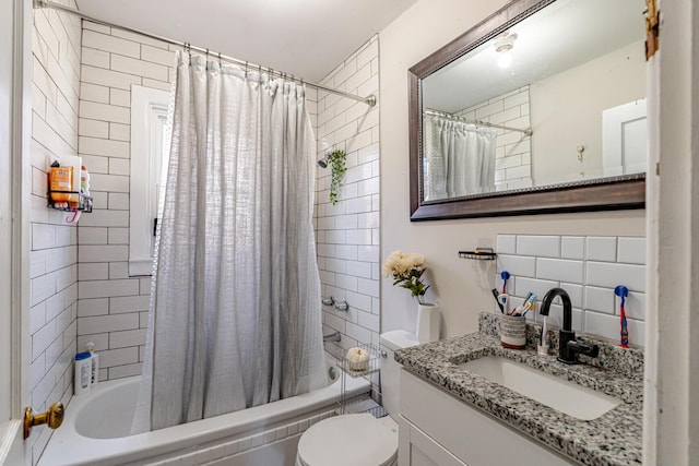 full bathroom with shower / bathtub combination with curtain, tile walls, vanity, and toilet