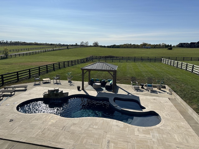 view of swimming pool featuring a gazebo, a lawn, and a patio