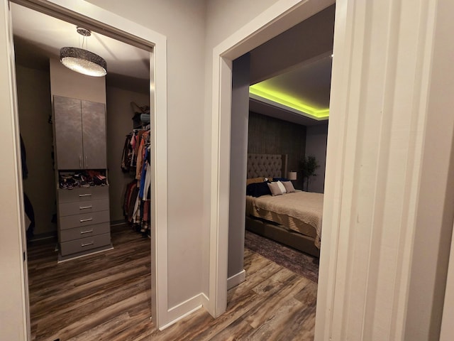 corridor featuring dark hardwood / wood-style flooring and a raised ceiling