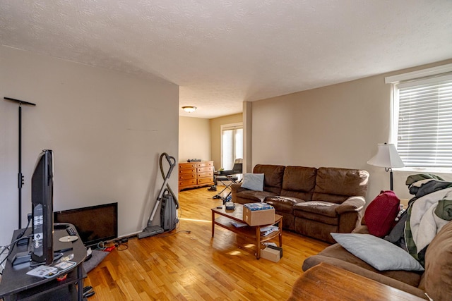 living room with a textured ceiling, plenty of natural light, and light hardwood / wood-style flooring