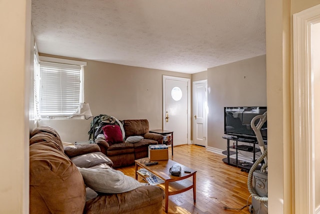 living room with a textured ceiling and light wood-type flooring