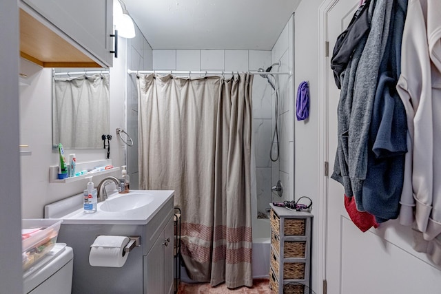 full bathroom with toilet, shower / bathtub combination with curtain, and vanity