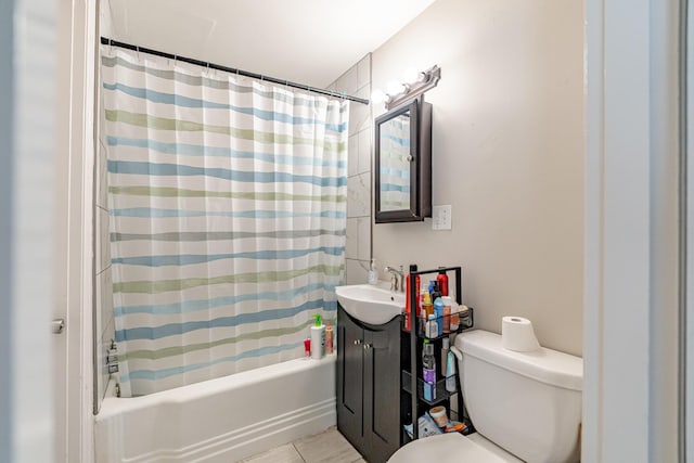 full bathroom with toilet, tile patterned floors, shower / tub combo with curtain, and vanity