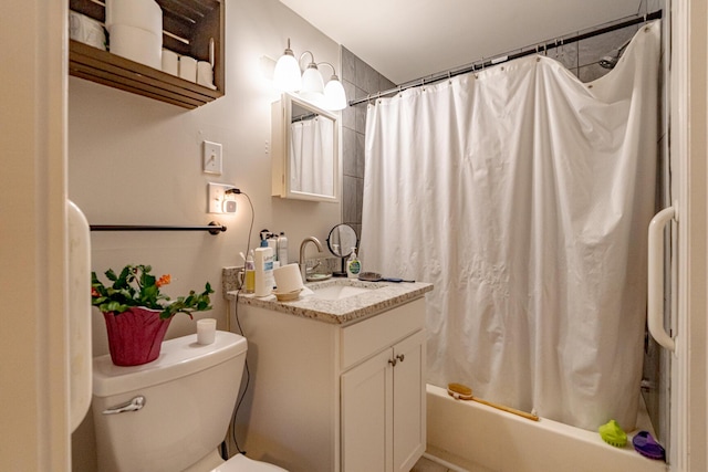 full bathroom with toilet, shower / tub combo, and vanity