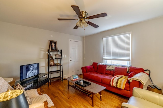 living room with ceiling fan and wood-type flooring