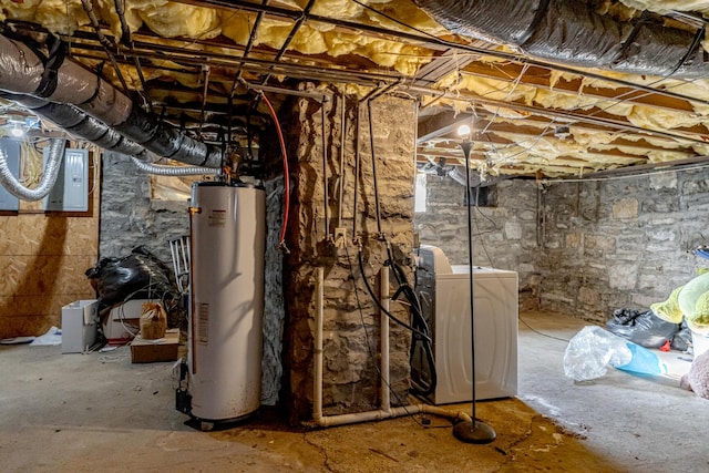 utility room with water heater, washer and dryer, and electric panel