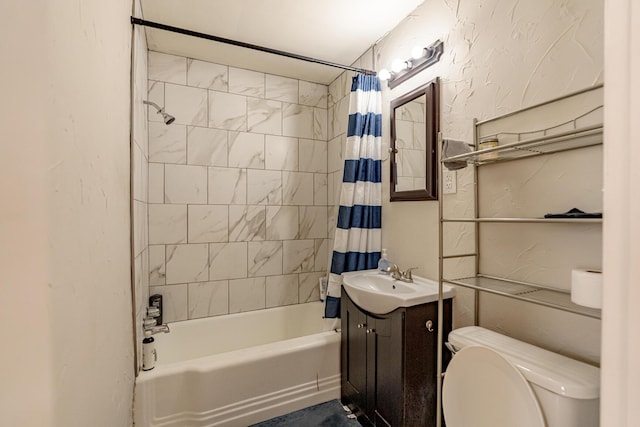 full bathroom featuring toilet, vanity, and shower / bathtub combination with curtain