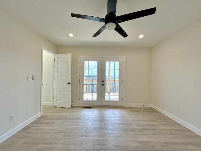 doorway to outside with ceiling fan, french doors, and light hardwood / wood-style flooring