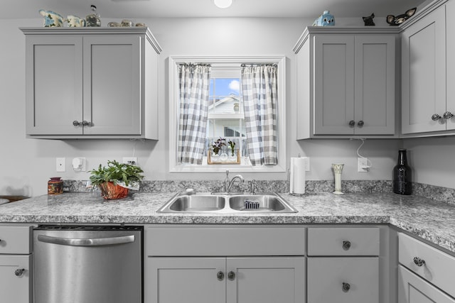 kitchen featuring gray cabinets, sink, and stainless steel dishwasher