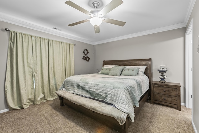 carpeted bedroom with crown molding and ceiling fan