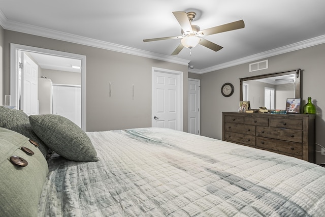 bedroom with ornamental molding and ceiling fan