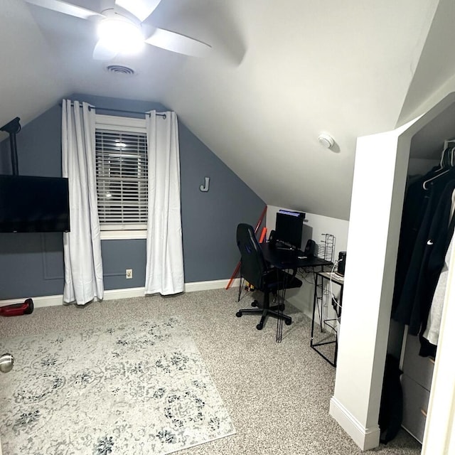 office area with ceiling fan and vaulted ceiling