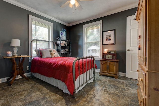 bedroom with ornamental molding, ceiling fan, and multiple windows