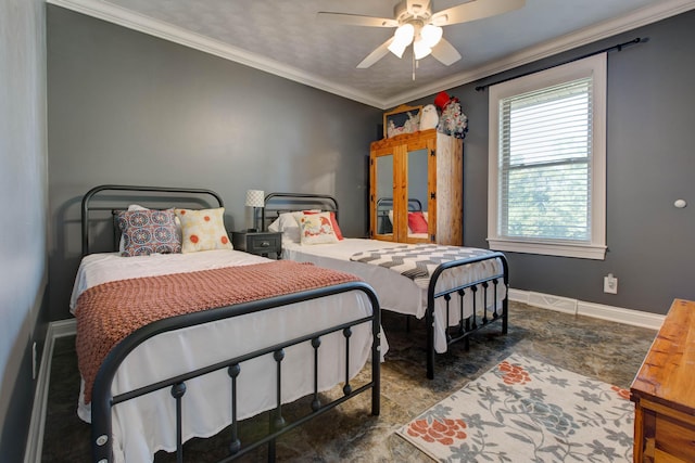 bedroom with ornamental molding and ceiling fan