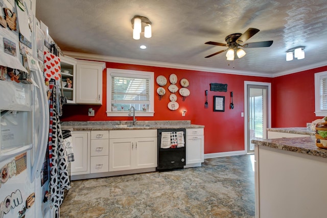 kitchen with dishwasher, ceiling fan, light stone counters, sink, and white cabinetry