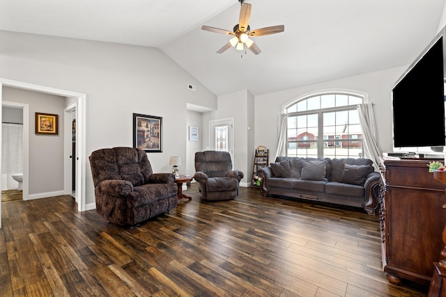 living room featuring ceiling fan, dark hardwood / wood-style floors, and lofted ceiling