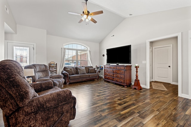 living room with ceiling fan, dark wood-type flooring, and high vaulted ceiling