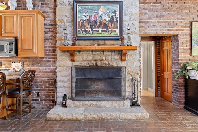 living room featuring a fireplace