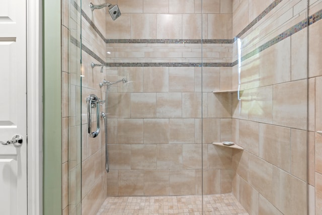 bathroom with a shower with shower door