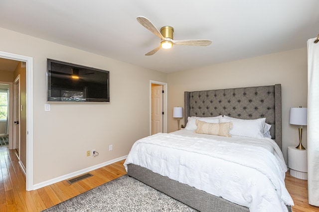 bedroom with ceiling fan and wood-type flooring