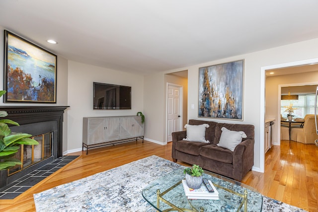 living room featuring wood-type flooring and a fireplace