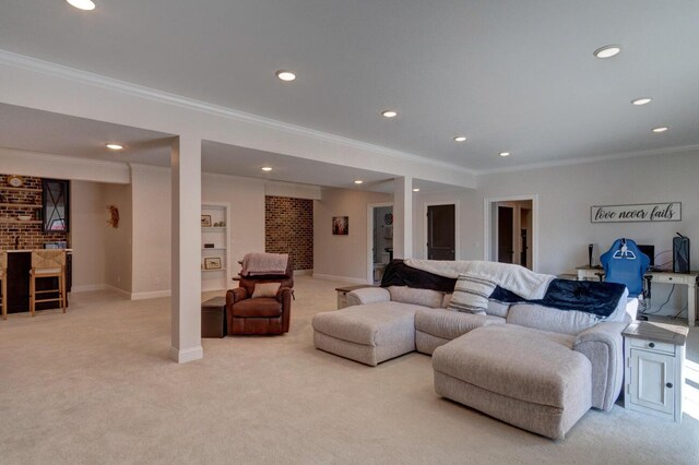 hall with baseboards, visible vents, brick wall, light carpet, and crown molding