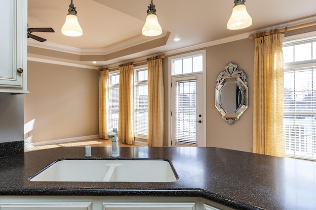 kitchen with sink, hanging light fixtures, a raised ceiling, and ornamental molding